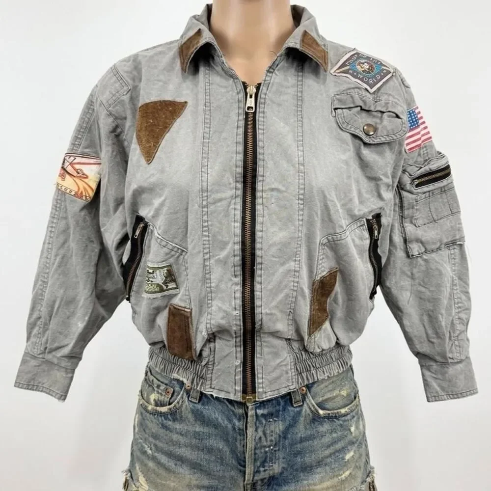 Vintage 90s Peter Kolmar Aviator Patch Bomber Jacket Size 10 Kids Retro